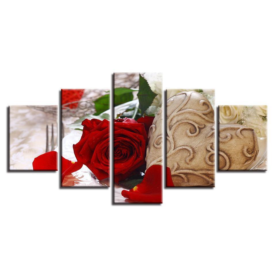 Red Rose Flower 5 Piece HD Multi Panel Canvas Wall Art Frame-Original Frame