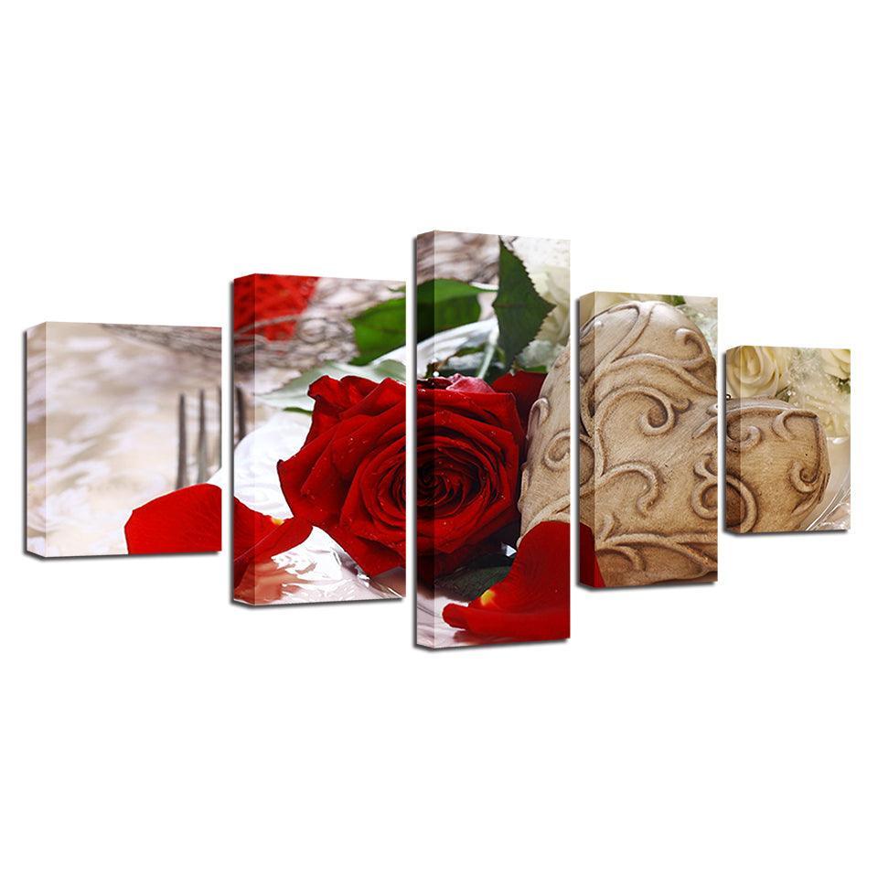 Red Rose Flower 5 Piece HD Multi Panel Canvas Wall Art Frame-Original Frame