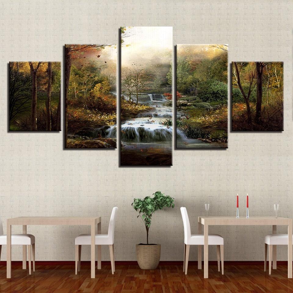 Forest Waterfalls Streams 5 Piece HD Multi Panel Canvas Wall Art Frame-Original Frame
