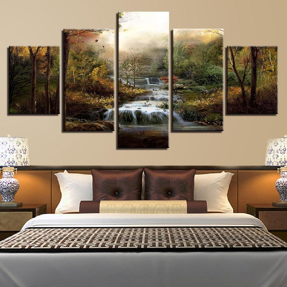 Forest Waterfalls Streams 5 Piece HD Multi Panel Canvas Wall Art Frame-Original Frame