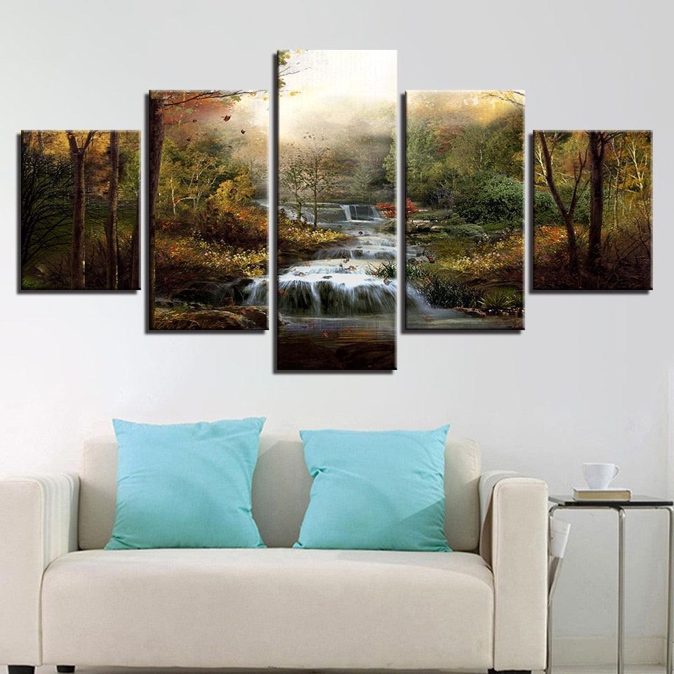 Forest Waterfalls Streams 5 Piece HD Multi Panel Canvas Wall Art Frame-Original Frame