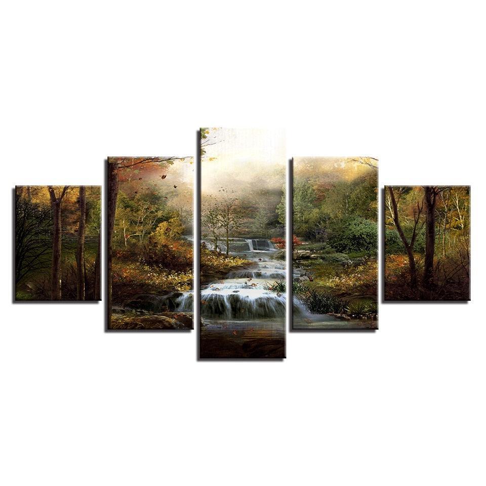 Forest Waterfalls Streams 5 Piece HD Multi Panel Canvas Wall Art Frame-Original Frame