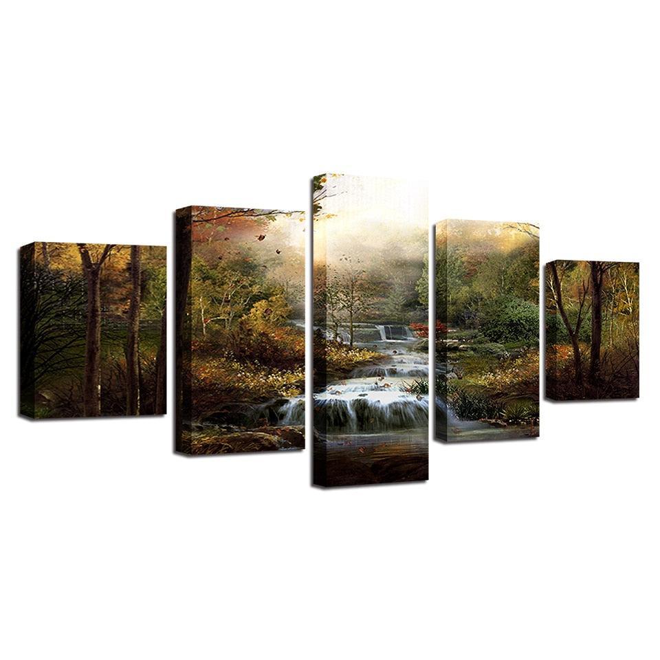 Forest Waterfalls Streams 5 Piece HD Multi Panel Canvas Wall Art Frame-Original Frame