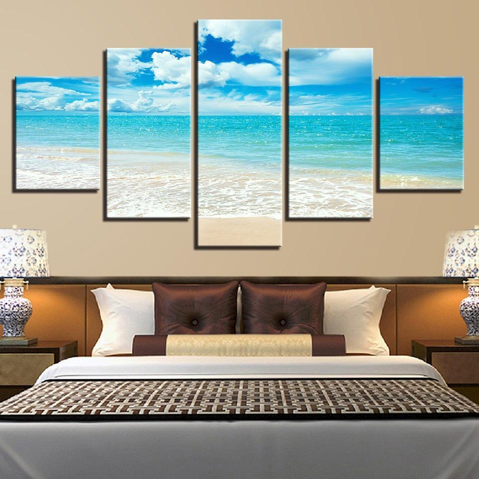 Blue Sea Waves on Beach 5 Piece HD Multi Panel Canvas Wall Art Frame-Original Frame