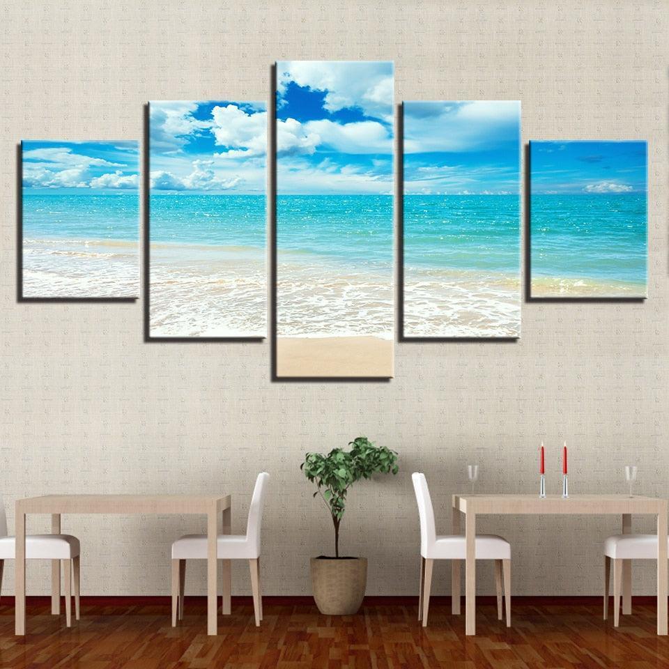 Blue Sea Waves on Beach 5 Piece HD Multi Panel Canvas Wall Art Frame-Original Frame