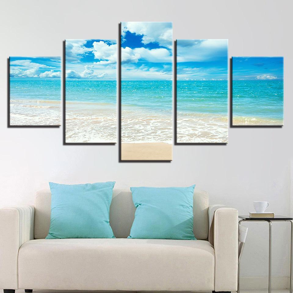 Blue Sea Waves on Beach 5 Piece HD Multi Panel Canvas Wall Art Frame-Original Frame