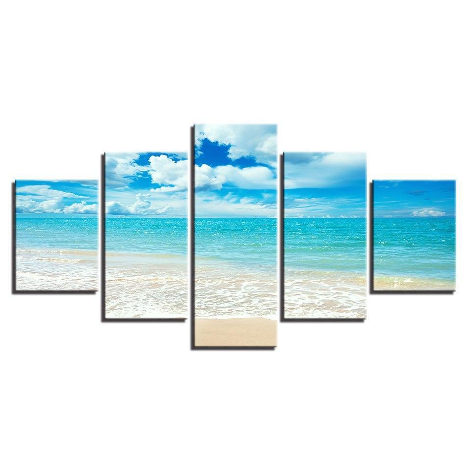 Blue Sea Waves on Beach 5 Piece HD Multi Panel Canvas Wall Art Frame-Original Frame