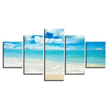 Blue Sea Waves on Beach 5 Piece HD Multi Panel Canvas Wall Art Frame-Original Frame