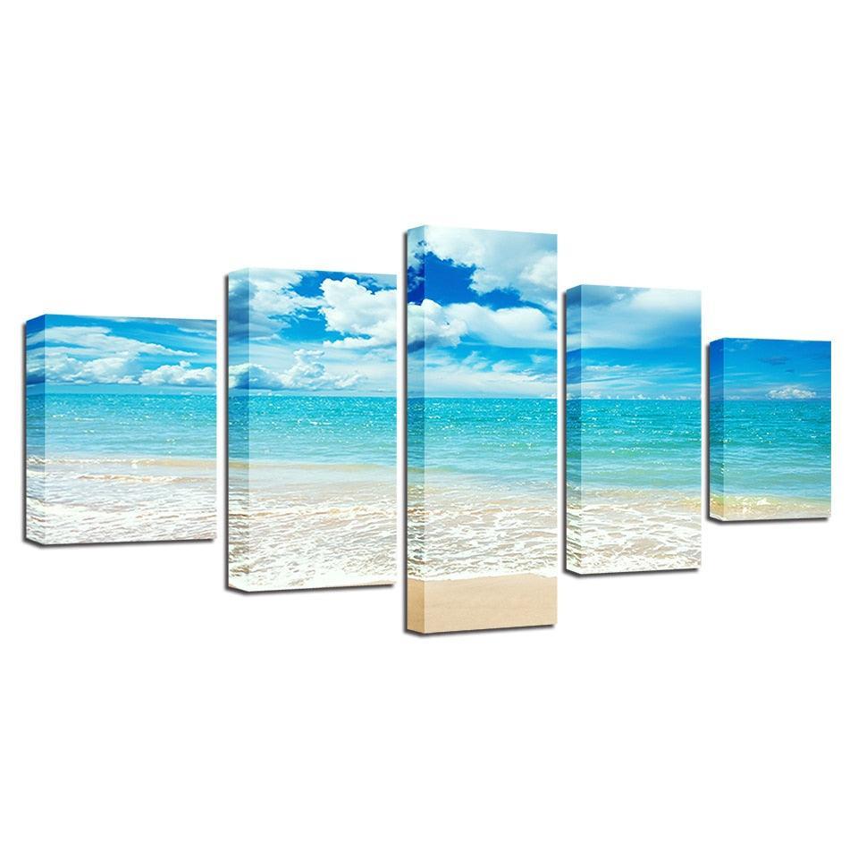 Blue Sea Waves on Beach 5 Piece HD Multi Panel Canvas Wall Art Frame-Original Frame
