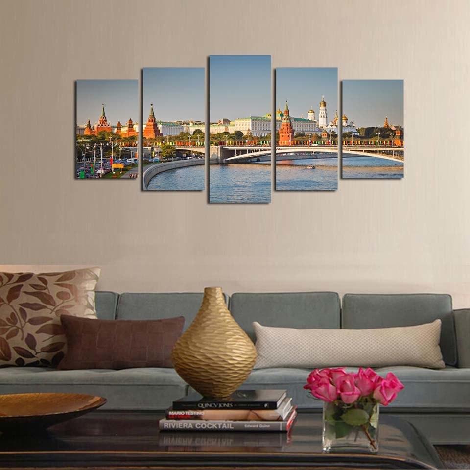 Bridge Building Landscape 5 Piece HD Multi Panel Canvas Wall Art Frame-Original Frame