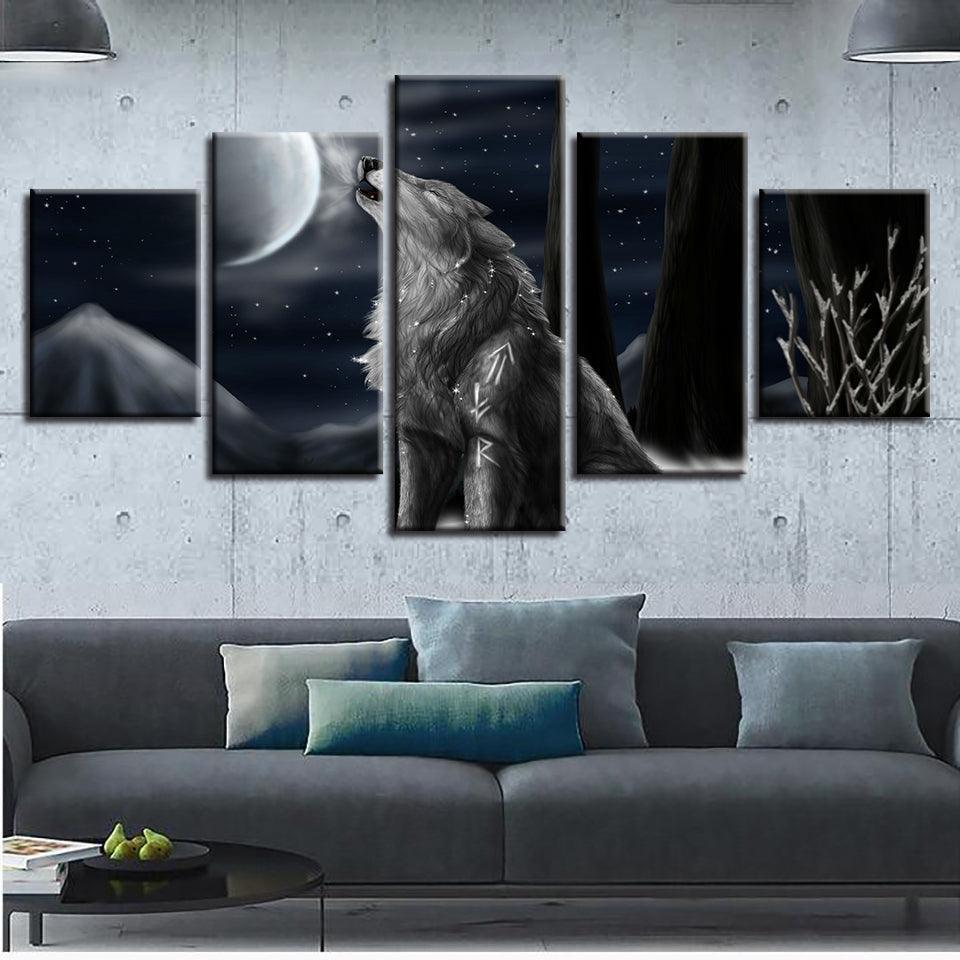 Moon Night Wolf Howl 5 Piece HD Multi Panel Canvas Wall Art Frame-Original Frame