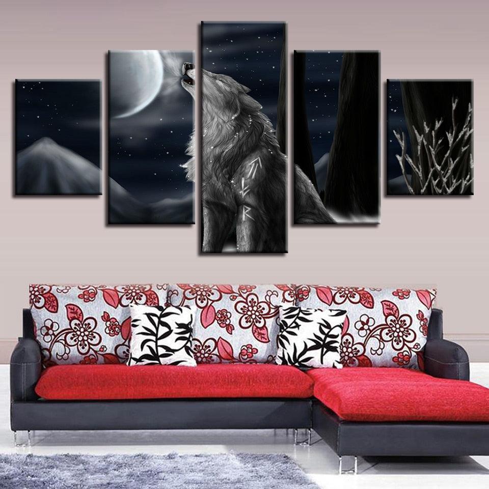 Moon Night Wolf Howl 5 Piece HD Multi Panel Canvas Wall Art Frame-Original Frame
