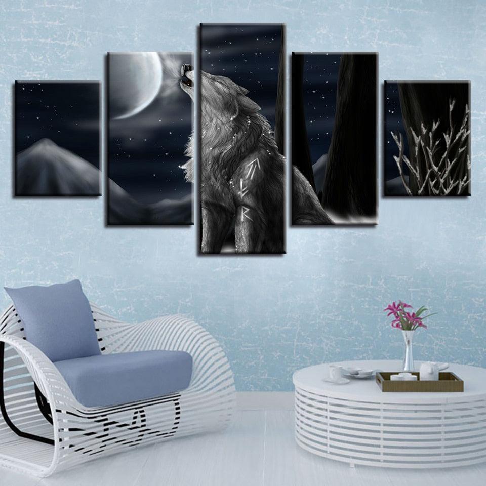 Moon Night Wolf Howl 5 Piece HD Multi Panel Canvas Wall Art Frame-Original Frame
