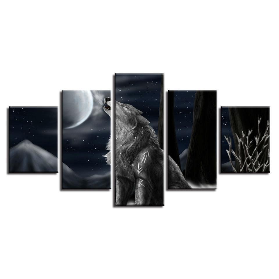 Moon Night Wolf Howl 5 Piece HD Multi Panel Canvas Wall Art Frame-Original Frame