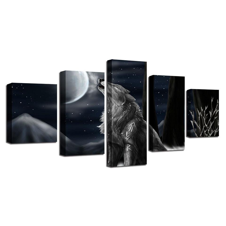 Moon Night Wolf Howl 5 Piece HD Multi Panel Canvas Wall Art Frame-Original Frame