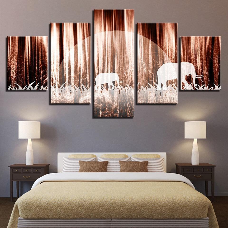 Forest Elephants 5 Piece HD Multi Panel Canvas Wall Art Frame-Original Frame
