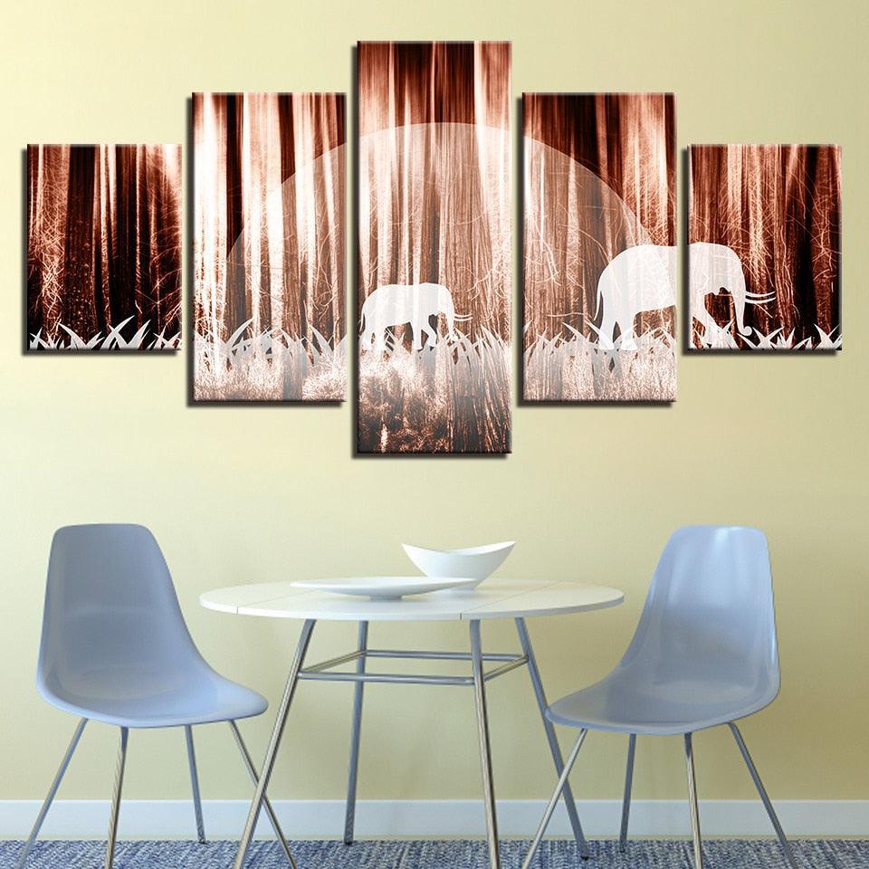 Forest Elephants 5 Piece HD Multi Panel Canvas Wall Art Frame-Original Frame