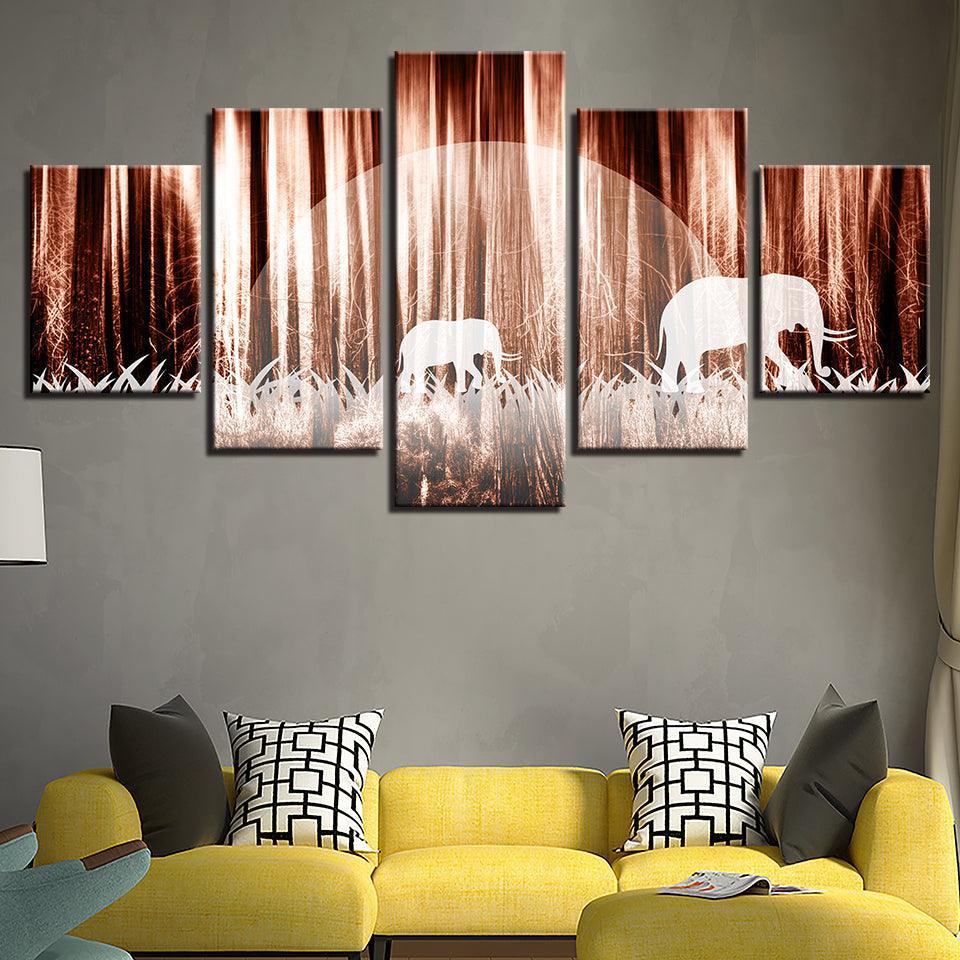 Forest Elephants 5 Piece HD Multi Panel Canvas Wall Art Frame-Original Frame