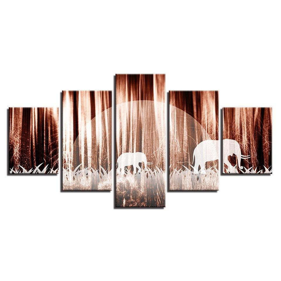 Forest Elephants 5 Piece HD Multi Panel Canvas Wall Art Frame-Original Frame