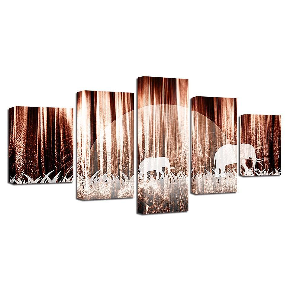 Forest Elephants 5 Piece HD Multi Panel Canvas Wall Art Frame-Original Frame