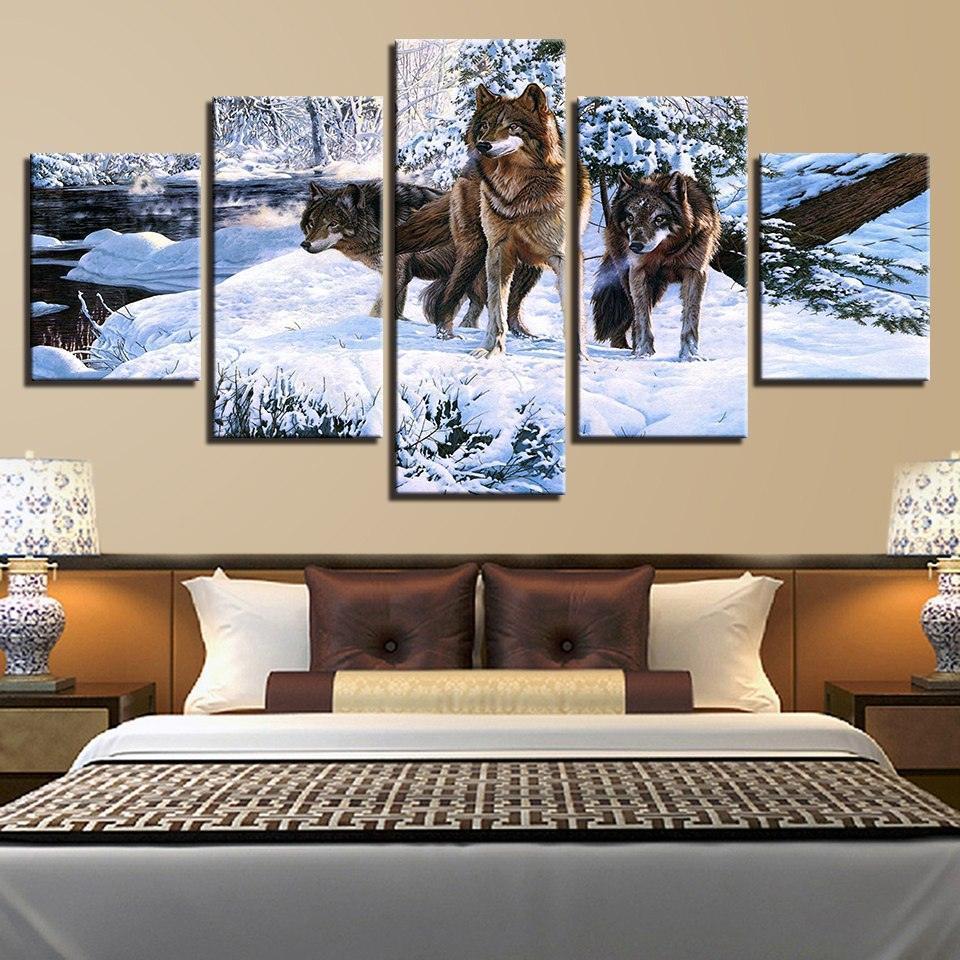 Snow Wolf Pack 5 Piece HD Multi Panel Canvas Wall Art Frame-Original Frame