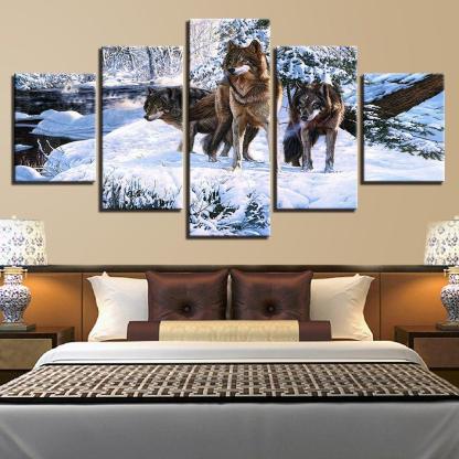 Snow Wolf Pack 5 Piece HD Multi Panel Canvas Wall Art Frame-Original Frame