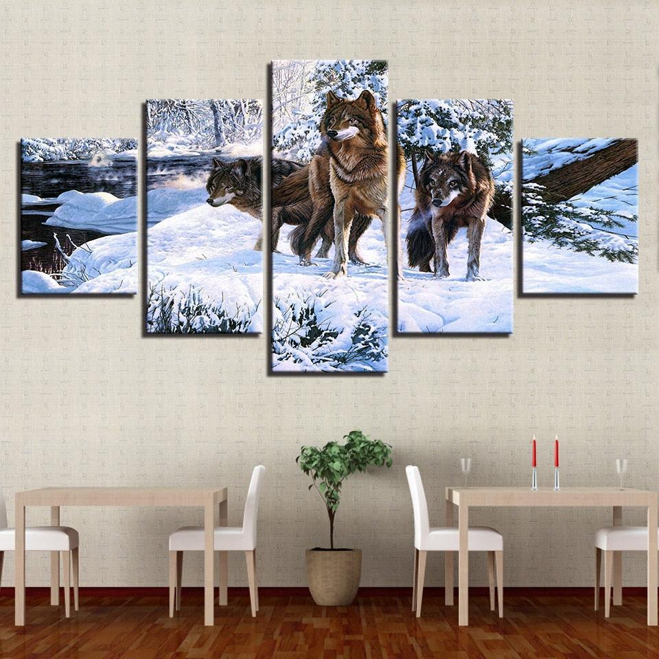 Snow Wolf Pack 5 Piece HD Multi Panel Canvas Wall Art Frame-Original Frame
