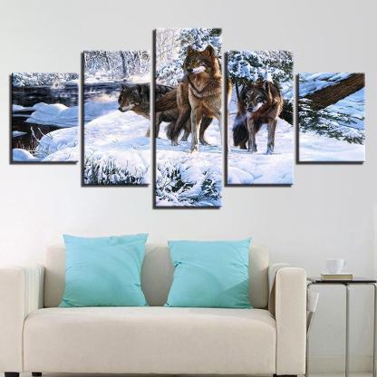 Snow Wolf Pack 5 Piece HD Multi Panel Canvas Wall Art Frame-Original Frame