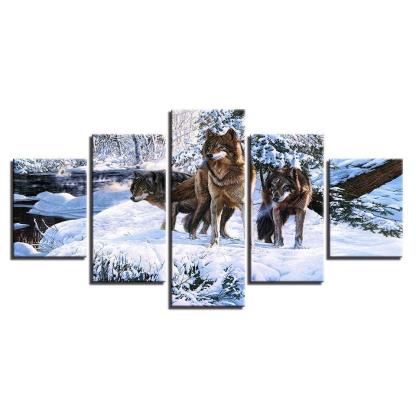 Snow Wolf Pack 5 Piece HD Multi Panel Canvas Wall Art Frame-Original Frame