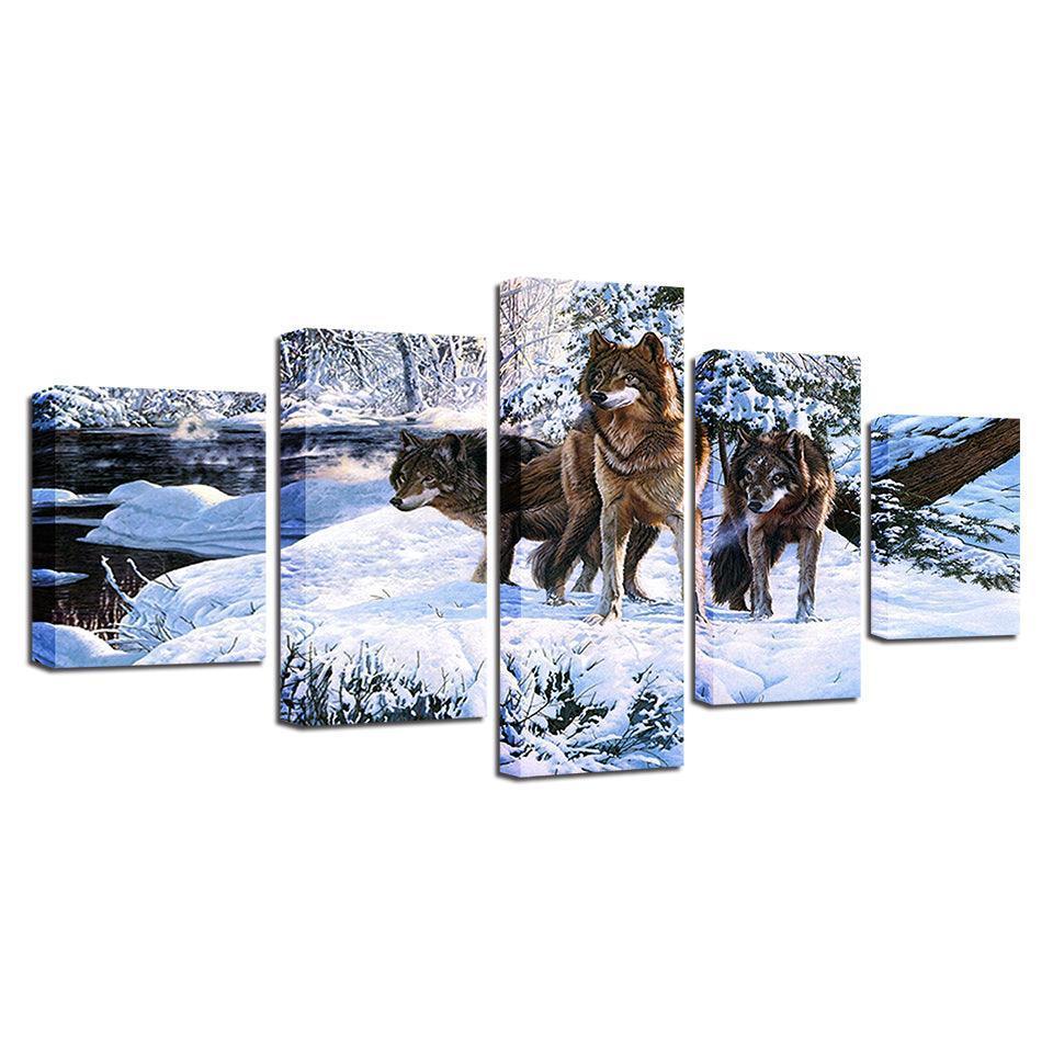 Snow Wolf Pack 5 Piece HD Multi Panel Canvas Wall Art Frame-Original Frame