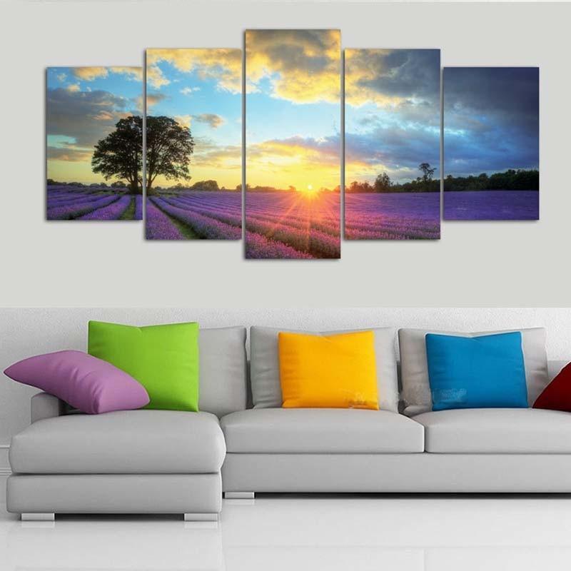 Lavender Flower Field 5 Piece HD Multi Panel Canvas Wall Art Frame-Original Frame