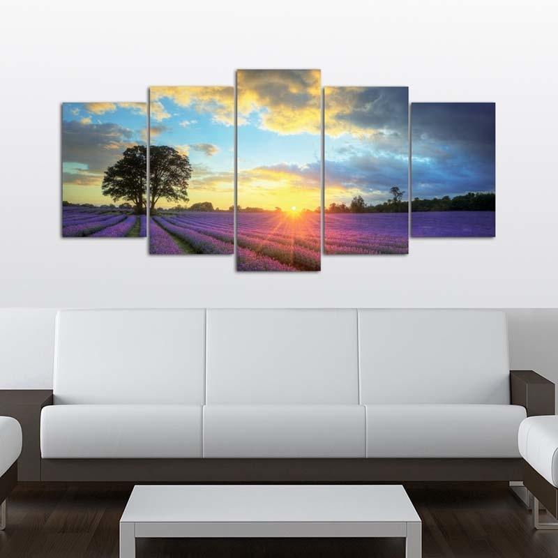 Lavender Flower Field 5 Piece HD Multi Panel Canvas Wall Art Frame-Original Frame