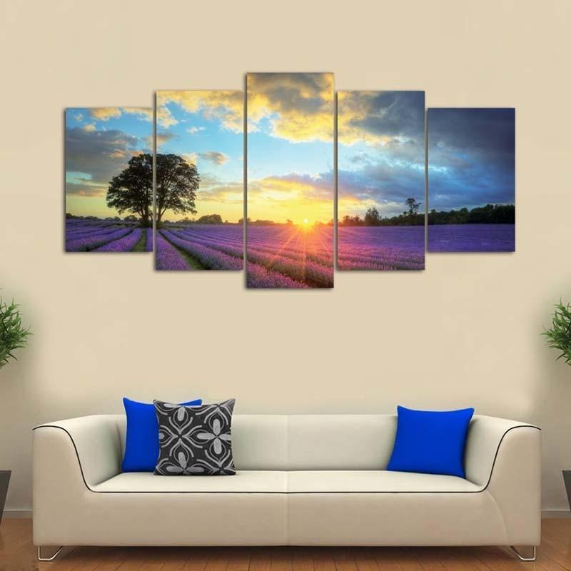 Lavender Flower Field 5 Piece HD Multi Panel Canvas Wall Art Frame-Original Frame