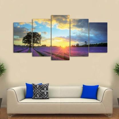 Lavender Flower Field 5 Piece HD Multi Panel Canvas Wall Art Frame-Original Frame