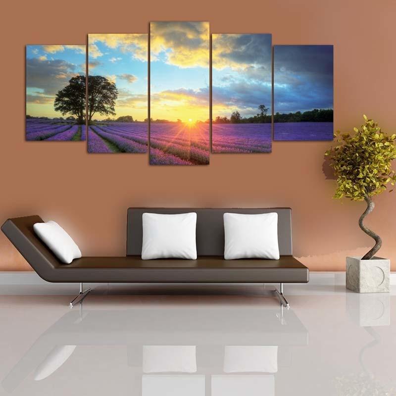 Lavender Flower Field 5 Piece HD Multi Panel Canvas Wall Art Frame-Original Frame