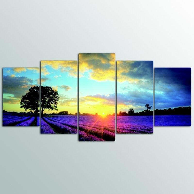 Lavender Flower Field 5 Piece HD Multi Panel Canvas Wall Art Frame-Original Frame