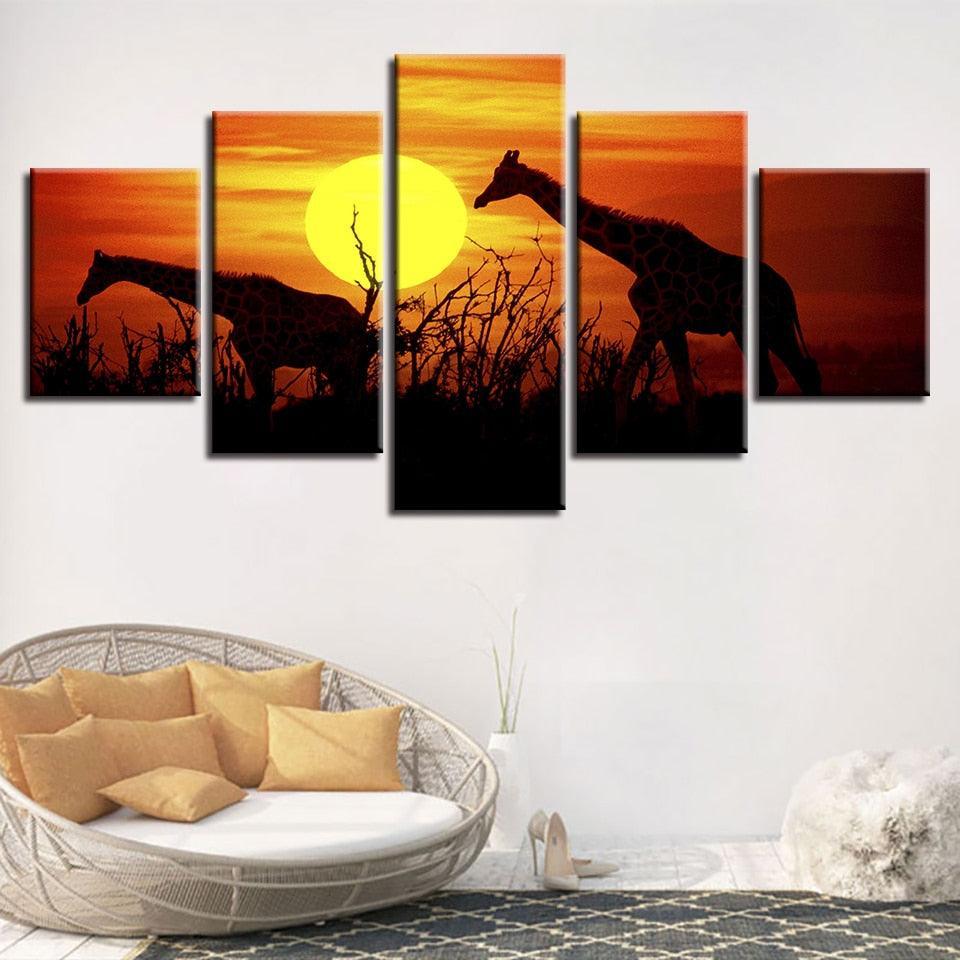 Sunset Forest Giraffes 5 Piece HD Multi Panel Canvas Wall Art Frame-Original Frame
