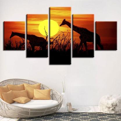 Sunset Forest Giraffes 5 Piece HD Multi Panel Canvas Wall Art Frame-Original Frame