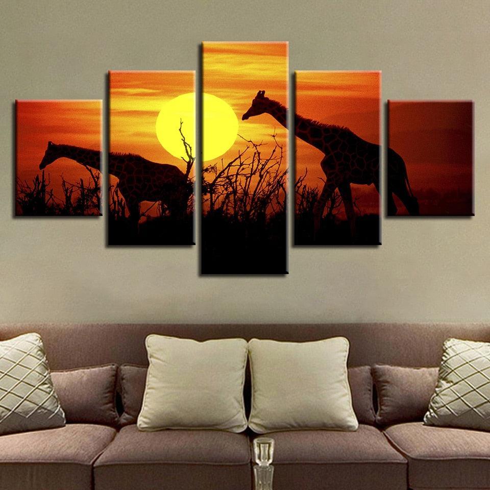 Sunset Forest Giraffes 5 Piece HD Multi Panel Canvas Wall Art Frame-Original Frame