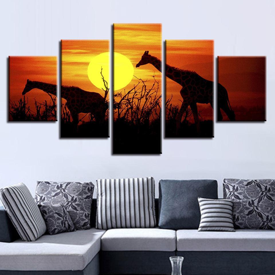 Sunset Forest Giraffes 5 Piece HD Multi Panel Canvas Wall Art Frame-Original Frame