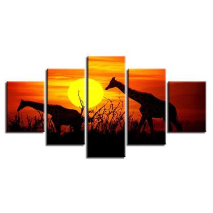 Sunset Forest Giraffes 5 Piece HD Multi Panel Canvas Wall Art Frame-Original Frame
