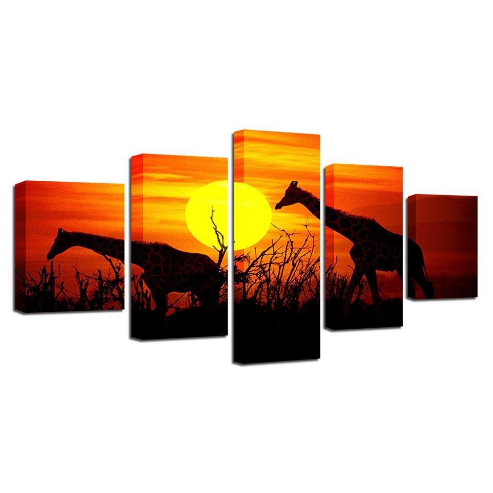 Sunset Forest Giraffes 5 Piece HD Multi Panel Canvas Wall Art Frame-Original Frame
