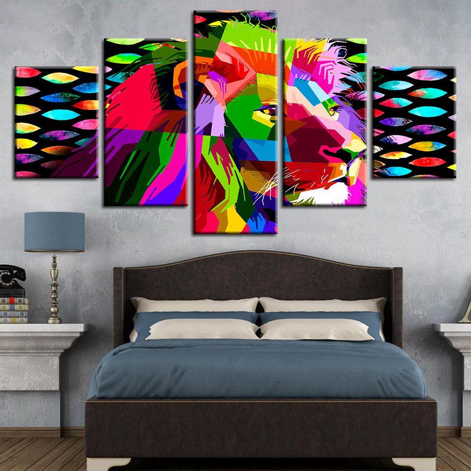 Rainbow Lion 5 Piece HD Multi Panel Canvas Wall Art-Original Frame