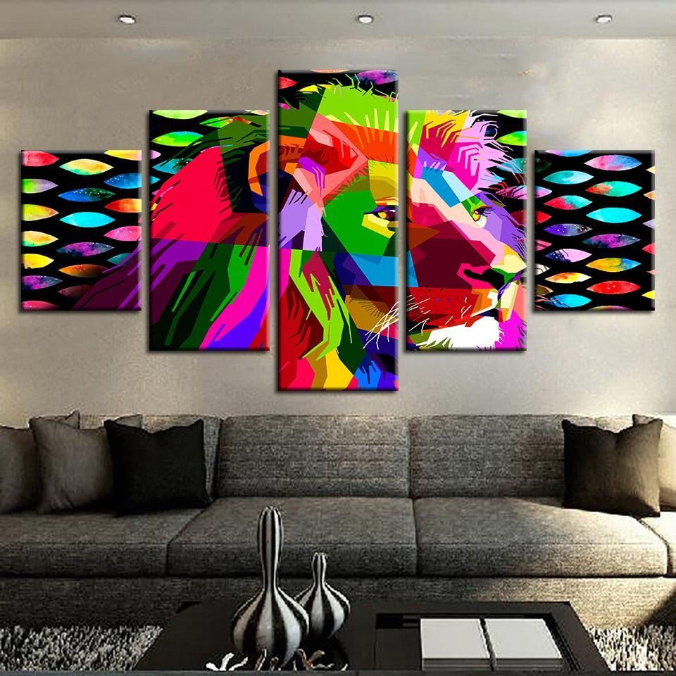 Rainbow Lion 5 Piece HD Multi Panel Canvas Wall Art-Original Frame