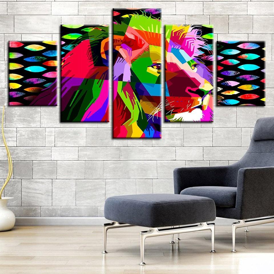 Rainbow Lion 5 Piece HD Multi Panel Canvas Wall Art-Original Frame