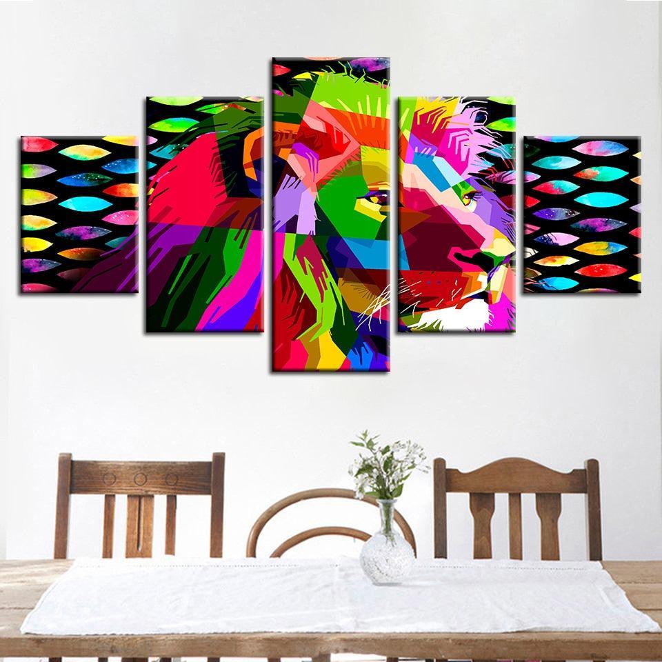 Rainbow Lion 5 Piece HD Multi Panel Canvas Wall Art-Original Frame