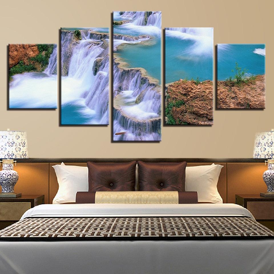Natural Waterfall Landscape 5 Piece HD Multi Panel Canvas Wall Art Frame-Original Frame
