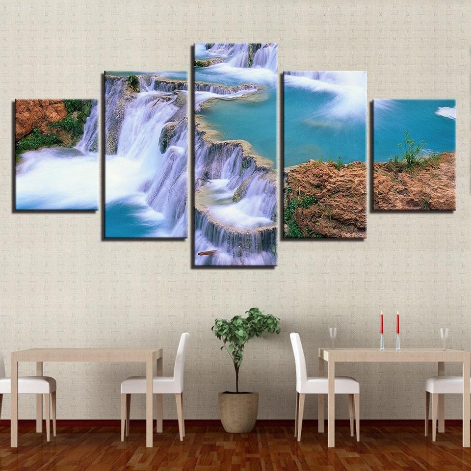 Natural Waterfall Landscape 5 Piece HD Multi Panel Canvas Wall Art Frame-Original Frame