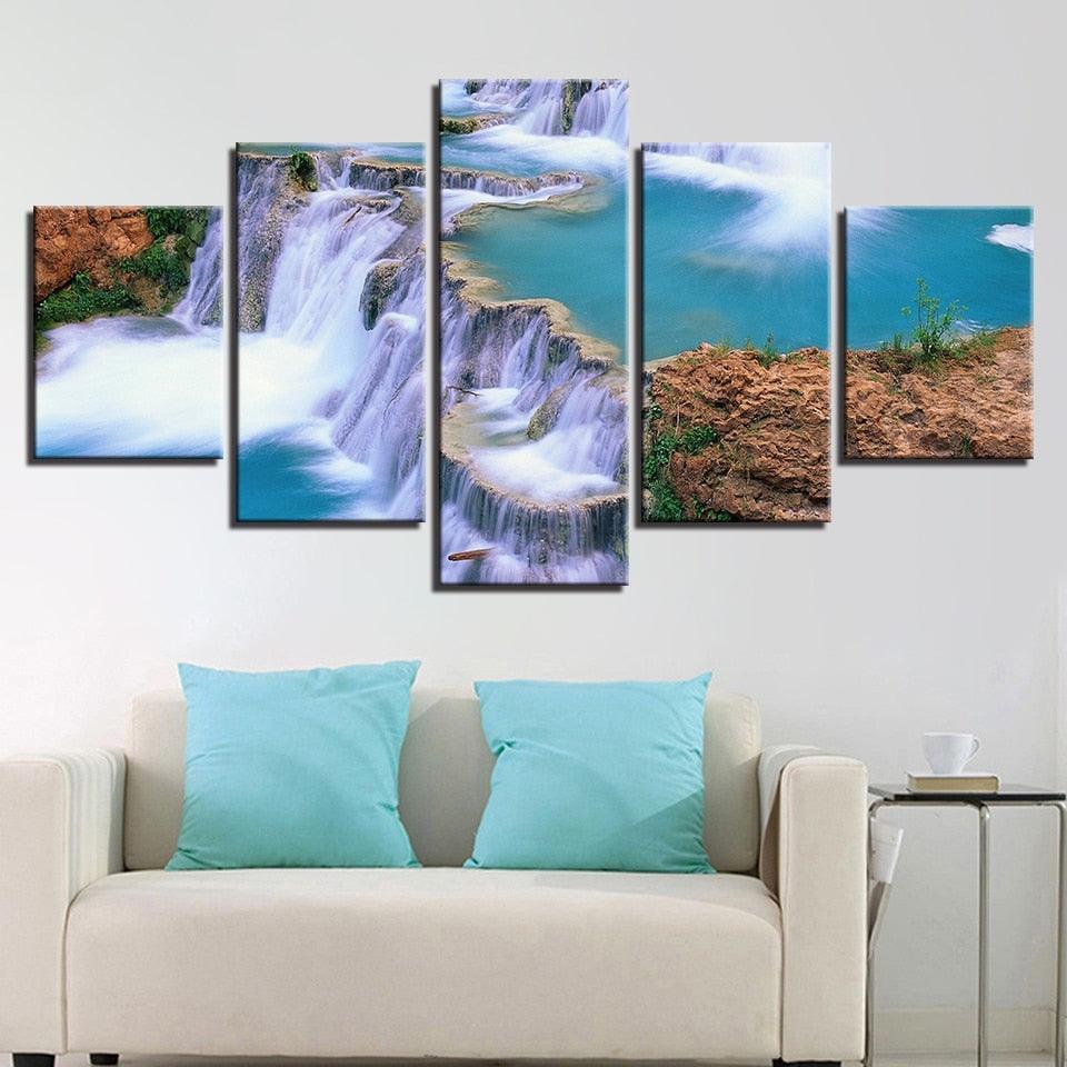 Natural Waterfall Landscape 5 Piece HD Multi Panel Canvas Wall Art Frame-Original Frame
