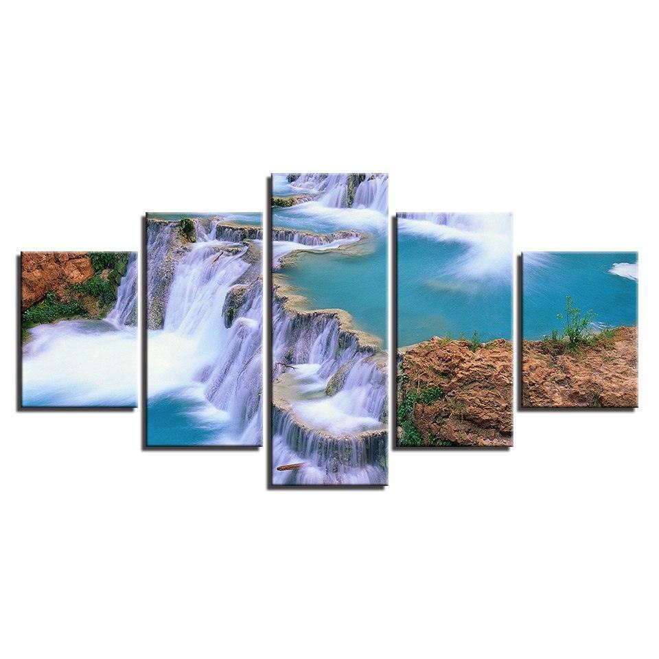 Natural Waterfall Landscape 5 Piece HD Multi Panel Canvas Wall Art Frame-Original Frame